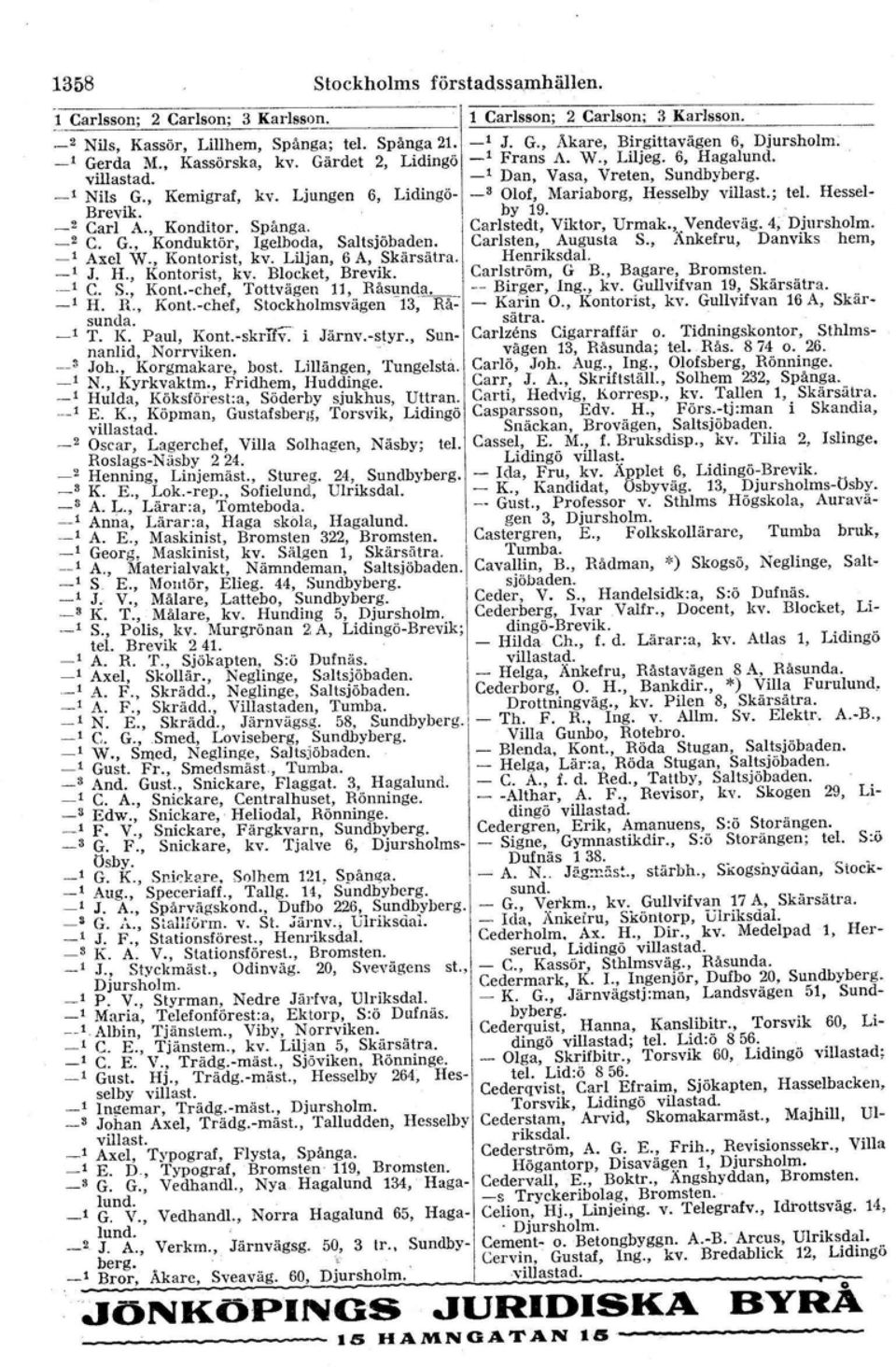 Hesselby villast.; tel. Hessel- Brevik. by 19. Carl A., Konditor. Spånga. Carlstedt, Viktor, Urmak.. Vorideväg. 4 Djursholm. C. G., Konduktör, Igelboda. Saltsjöbaden, Carlsten, Augusta S.