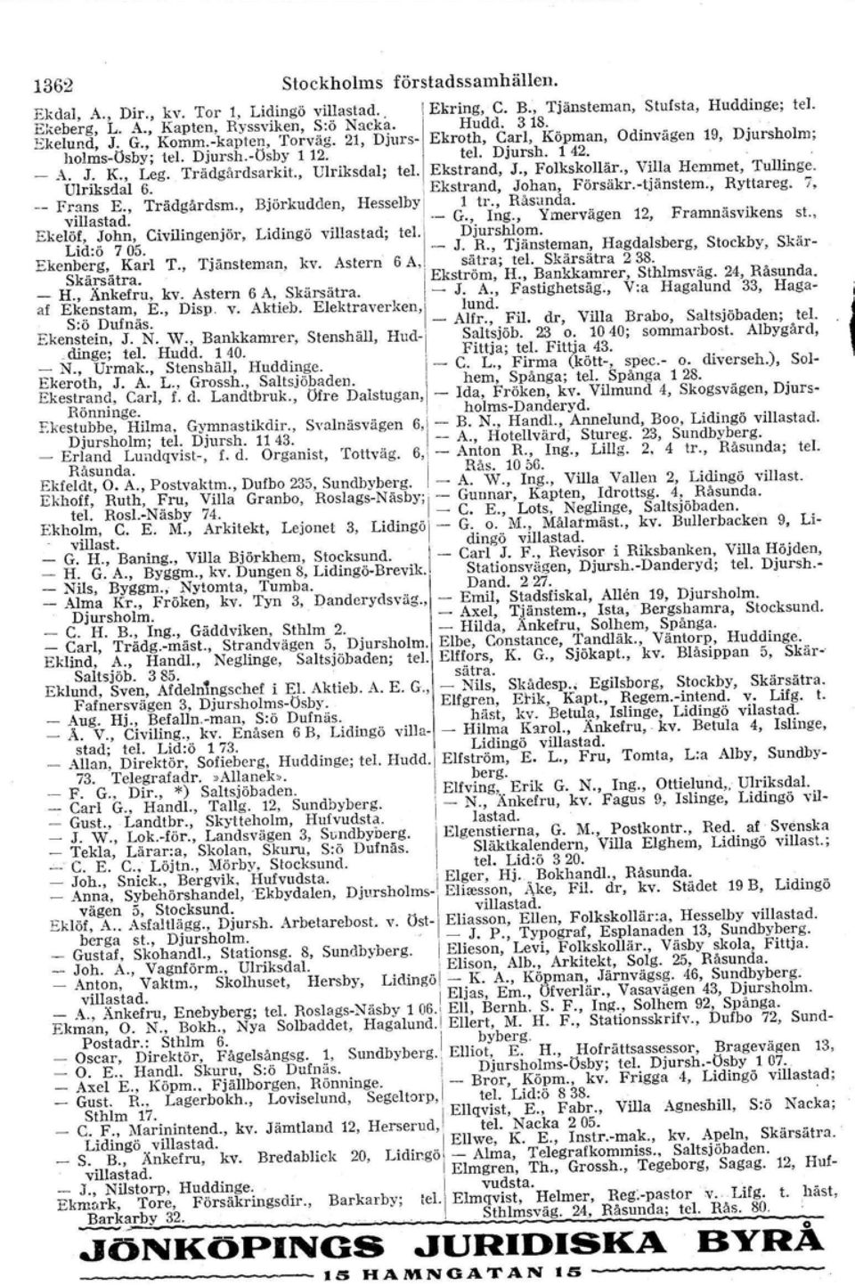 , Ulriksdal; tel. Ekstrand, J., Folkskollär., Villa Hemmet, Tullinge. Ulriksdal 6... '.. i Ekstrand, J?han, Försäkr.-tjänstem., Ryttareg. 7, Frans E., villastad. Tradgardsm., Björkudden.