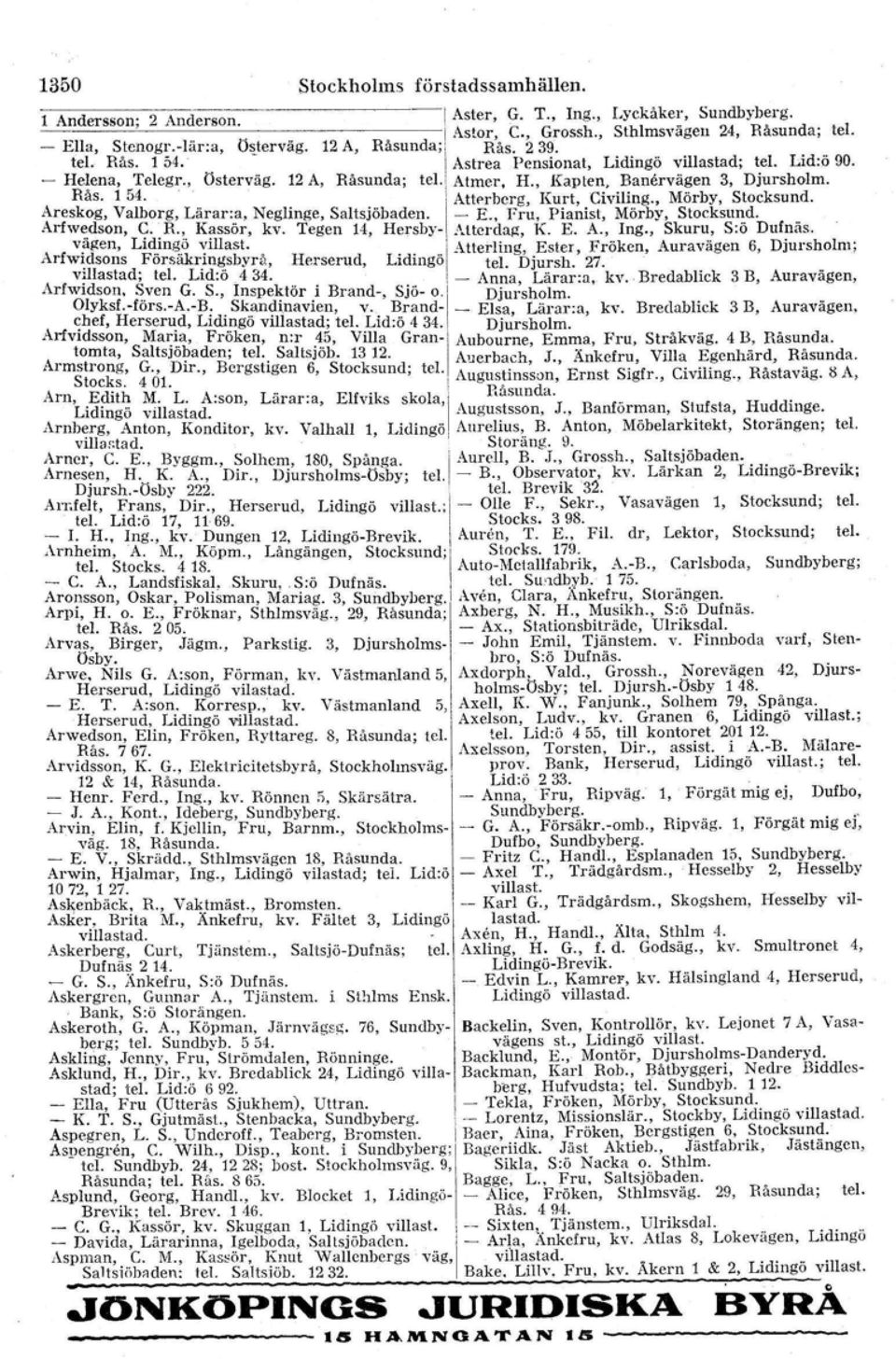 Rås. 1,,4..... i Attr-rberg, Kurt, Civiling., Mörby, Stocksund. Areskog. Val~org, Larar:.a, Neglinge, Saltsjöbaden. 1- E., Fru, Pianist, Mörby, Stocksund. Arfwedson, ~'. R.,. Kassor, kv, Tegen 14, Hershy- Atterdag, K.