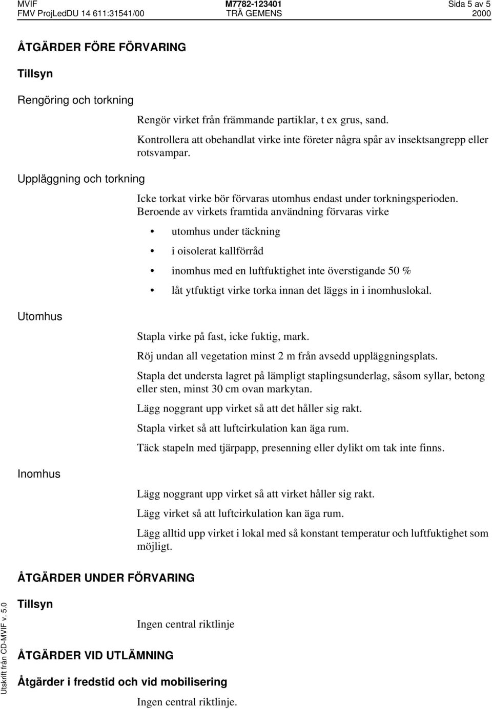 Beroende av virkets framtida användning förvaras virke utomhus under täckning i oisolerat kallförråd inomhus med en luftfuktighet inte överstigande 50 % låt ytfuktigt virke torka innan det läggs in i