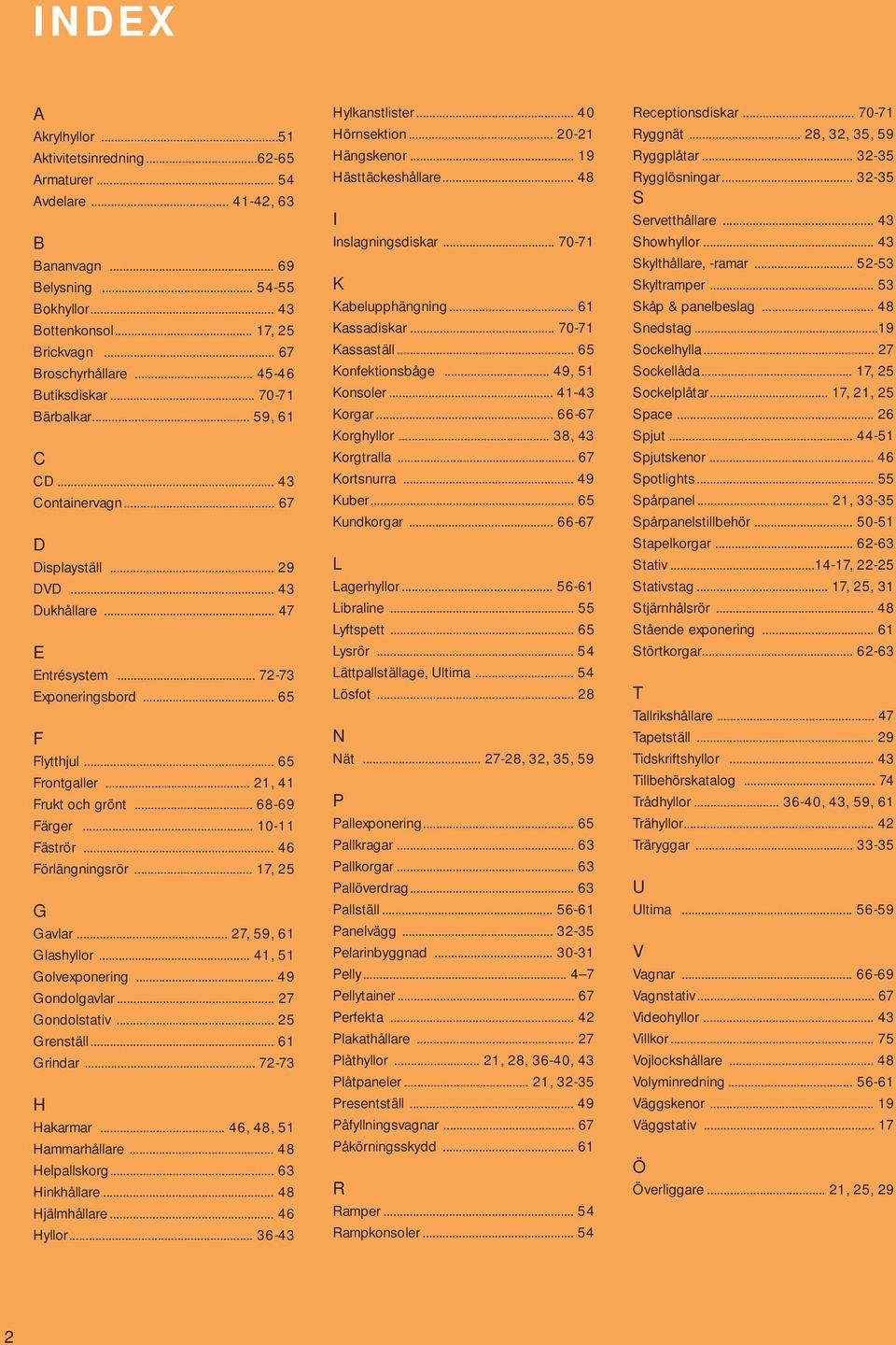 .. 65 Frontgaller... 21, 41 Frukt och grönt... 68-69 Färger... 10-11 Fäströr... 46 Förlängningsrör... 17, 25 G Gavlar... 27, 59, 61 Glashyllor... 41, 51 Golvexponering... 49 Gondolgavlar.