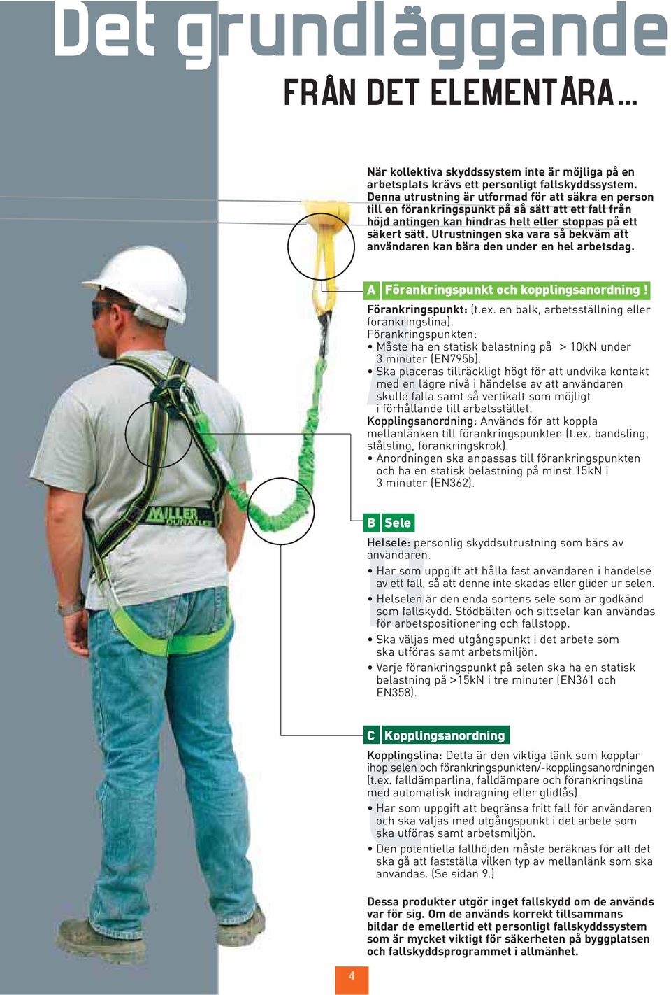 Utrustningen ska vara så bekväm att användaren kan bära den under en hel arbetsdag. A Förankringspunkt och kopplingsanordning! Förankringspunkt: (t.ex. en balk, arbetsställning eller förankringslina).