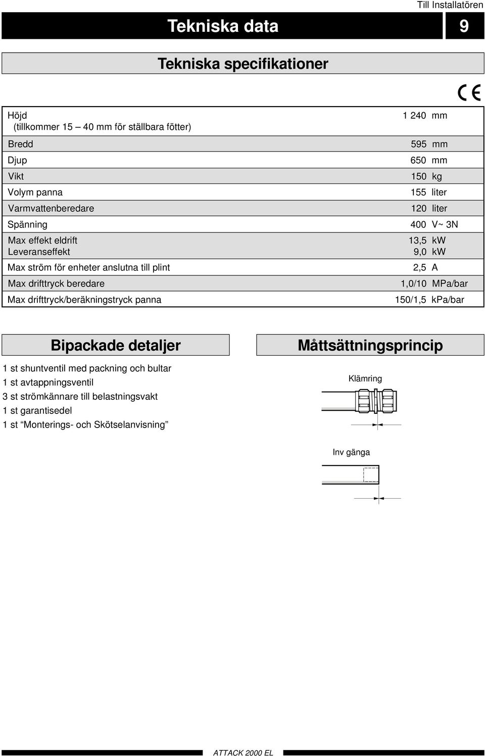 595 mm 650 mm 150 kg 155 liter 120 liter 400 V~ 3N 13,5 kw 9,0 kw 2,5 A 1,0/10 MPa/bar 150/1,5 kpa/bar Bipackade detaljer 1 st shuntventil med packning och