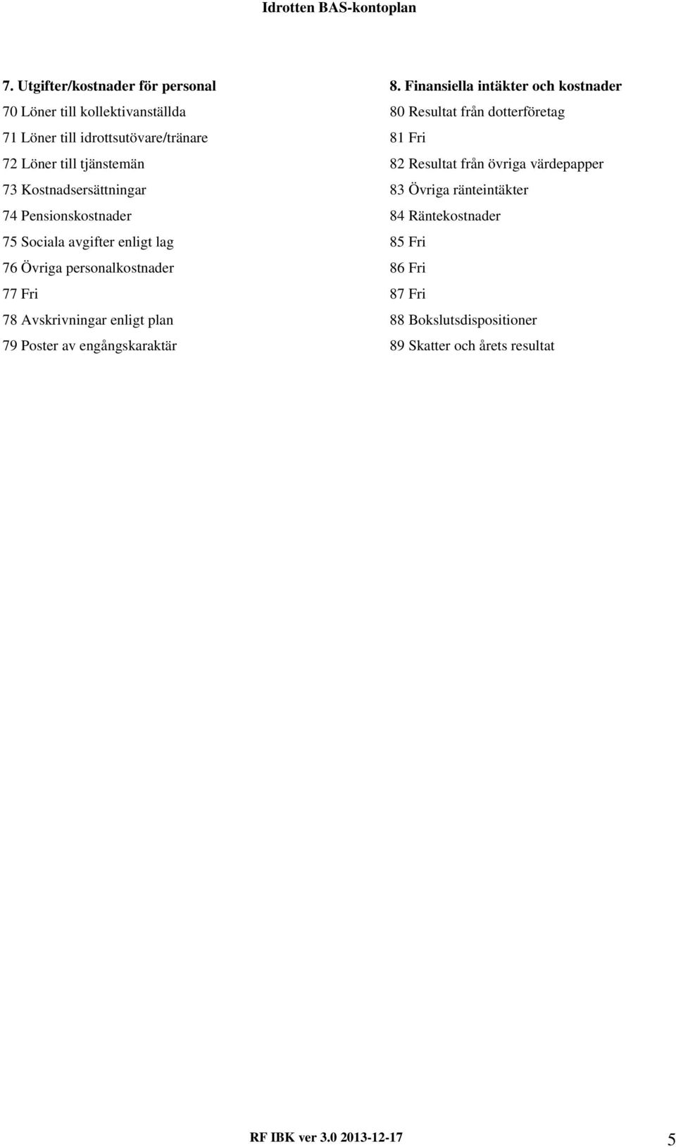 Fri 72 Löner till tjänstemän 82 Resultat från övriga värdepapper 73 Kostnadsersättningar 83 Övriga ränteintäkter 74 Pensionskostnader 84