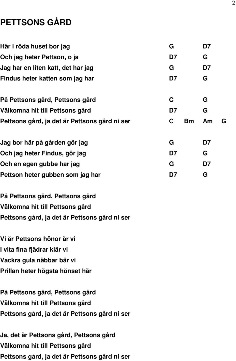 Pettson heter gubben som jag har D7 G På Pettsons gård, Pettsons gård Välkomna hit till Pettsons gård Pettsons gård, ja det är Pettsons gård ni ser Vi är Pettsons hönor är vi I vita fina fjädrar klär