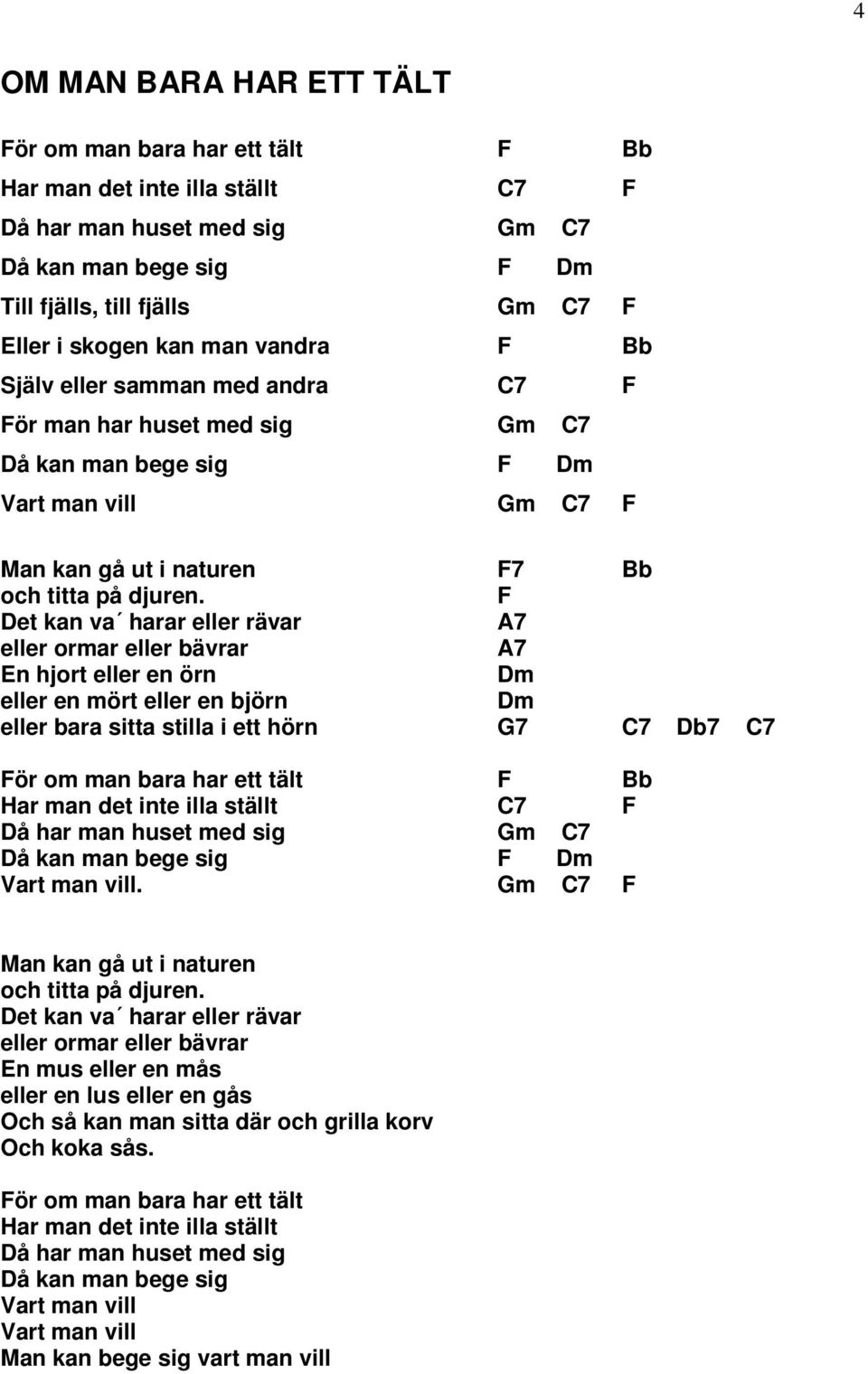 F Det kan va harar eller rävar A7 eller ormar eller bävrar A7 En hjort eller en örn Dm eller en mört eller en björn Dm eller bara sitta stilla i ett hörn G7 C7 Db7 C7 För om man bara har ett tält F