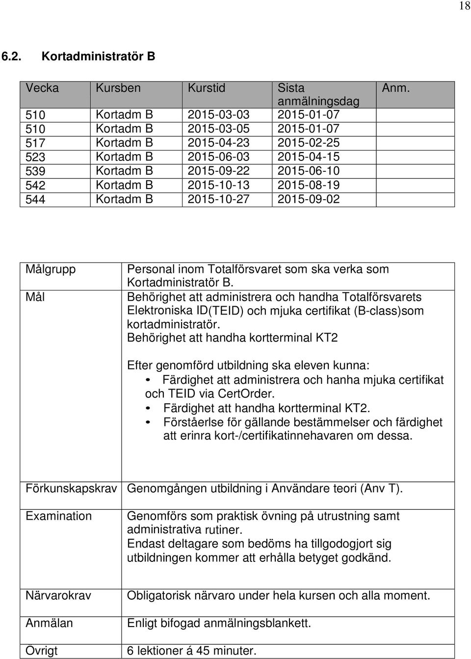 542 Kortadm B 2015-10-13 2015-08-19 544 Kortadm B 2015-10-27 2015-09-02 Personal inom Totalförsvaret som ska verka som Kortadministratör B.