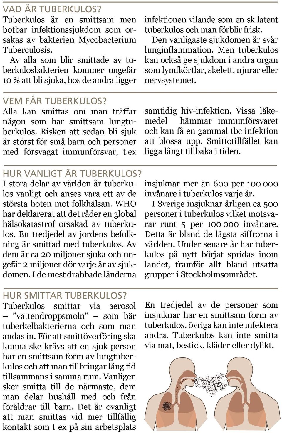 Risken att sedan bli sjuk är störst för små barn och personer med försvagat immunförsvar, t.ex infektionen vilande som en sk latent tuberkulos och man förblir frisk.