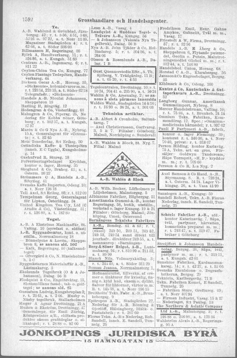 12 HallmaD) Engroslager af allaslags ninge; r. t. Västerh. 23, a. t. Trävara A. B. Ltdbäck & Co, Val- bindgarn o. repvaror m. m. Biks- Väs1erh. 108 hallavllg. 53 O. Allm. tel. Kontor L:a Vattug.