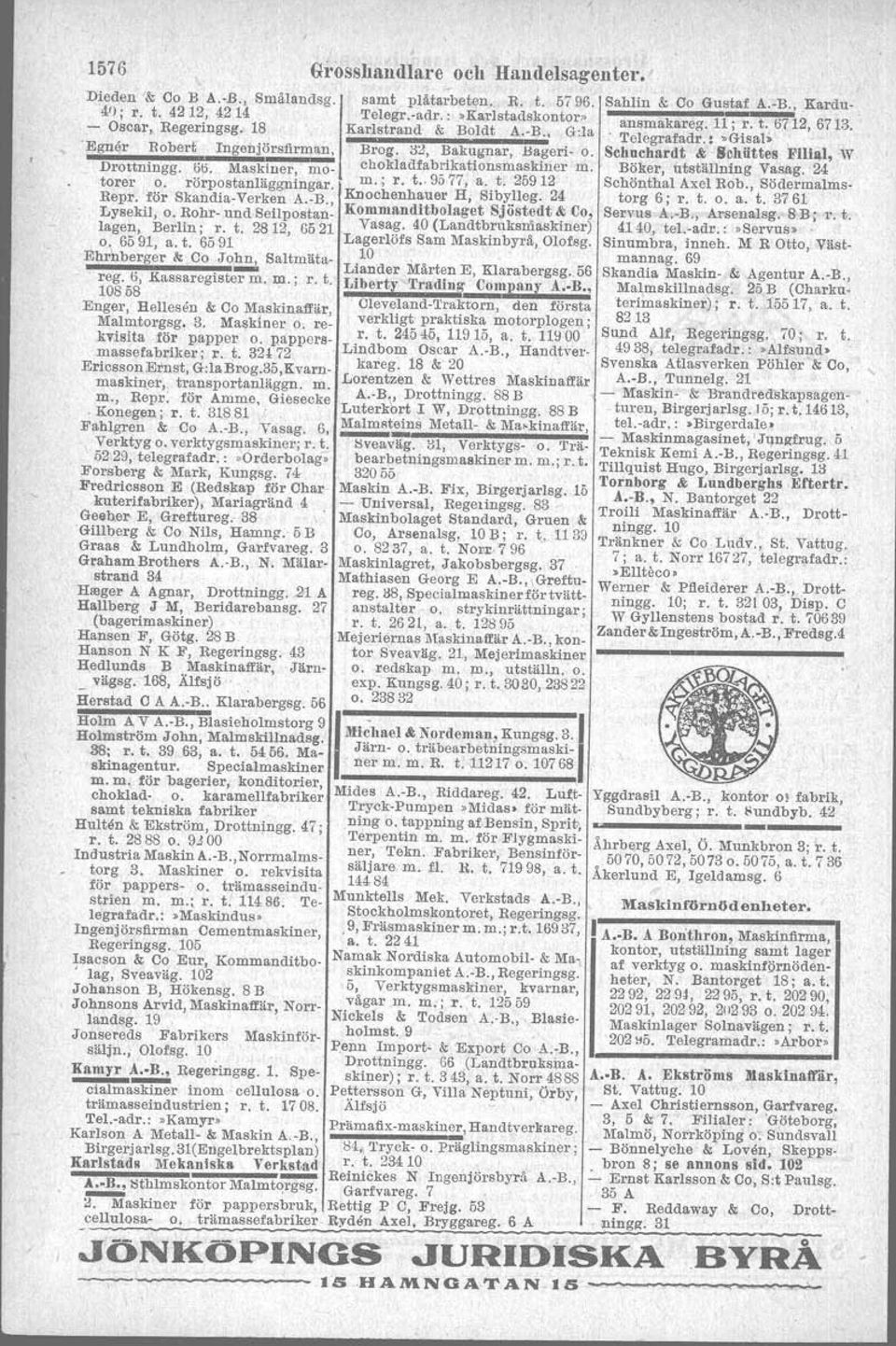 9200 Johnsons Arvid Maskinaffår, N01'1'- landsg. 19 Kau:ffmann & Co, Snickareg. 6 j r. t. 31432 o. 3206ö, a. t. 14622 Lind Arvid, Fridhemsg. 21 lichael & Nordemall, Kungsg.3. R. t. 11297 o.