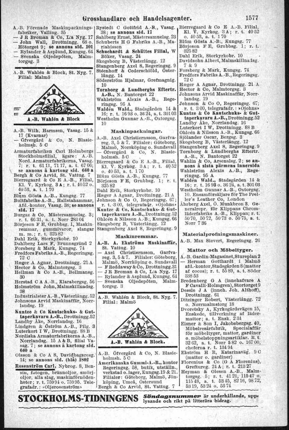 -B., Oljer!'lnlpgsapparater. torgsg. 3; r. t. 12019 o. 12152; Sandvik, postadr. Sthlm 1, A.-B. A Ekströms' Maskinaffär, St. telegrafadr.:»hafornor» - Hästägares Foder A.-B., Albano, ' Vattug. 10' '.