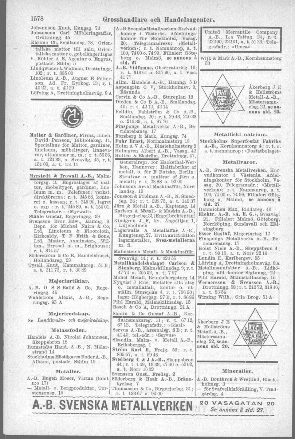 5 & 7 (Rydö Bruks o, Fredlund Aug, Repslagareg. 22 A Lästmakareg. 3 Hylte Bruks försäljningskontor, Glenne & Co Olof A.-!}., Jakobs- Carlin & Co, Bmålandsg. 20 'Munkedals papp o. papper). bergsg.