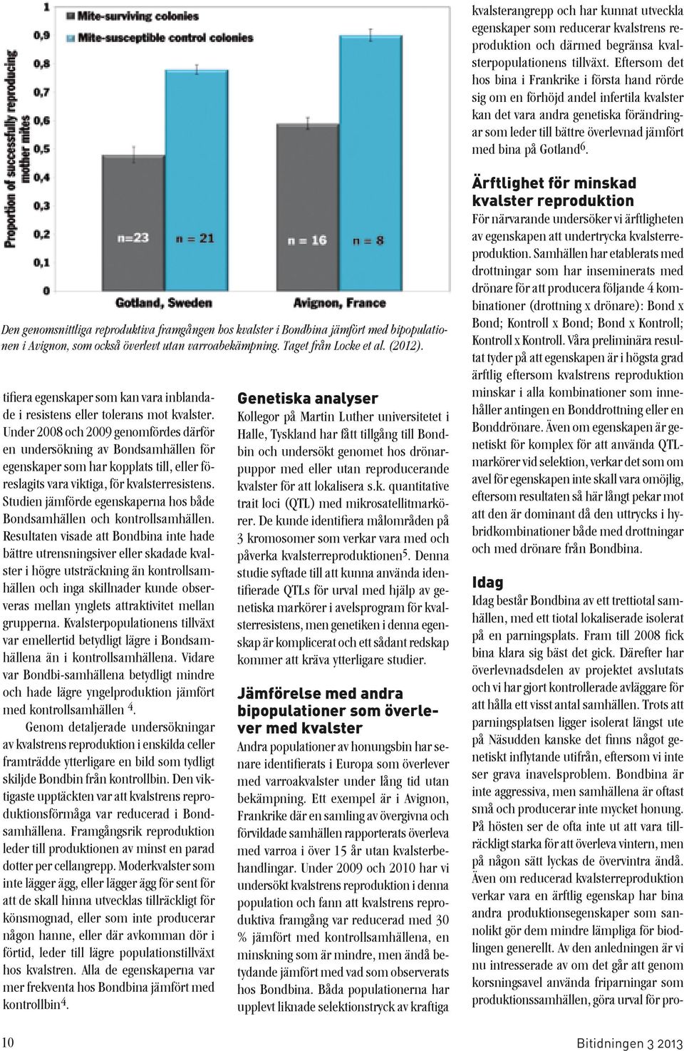 6. Den genomsnittliga reproduktiva framgången hos kvalster i Bondbina jämfört med bipopulationen i Avignon, som också överlevt utan varroabekämpning. Taget från Locke et al. (2012).