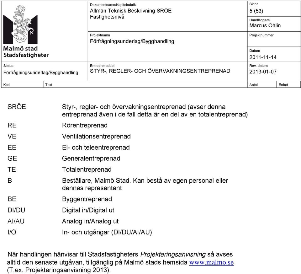 Kan bestå av egen personal eller dennes representant Byggentreprenad Digital in/digital ut Analog in/analog ut In- och utgångar (DI/DU/AI/AU) När handlingen