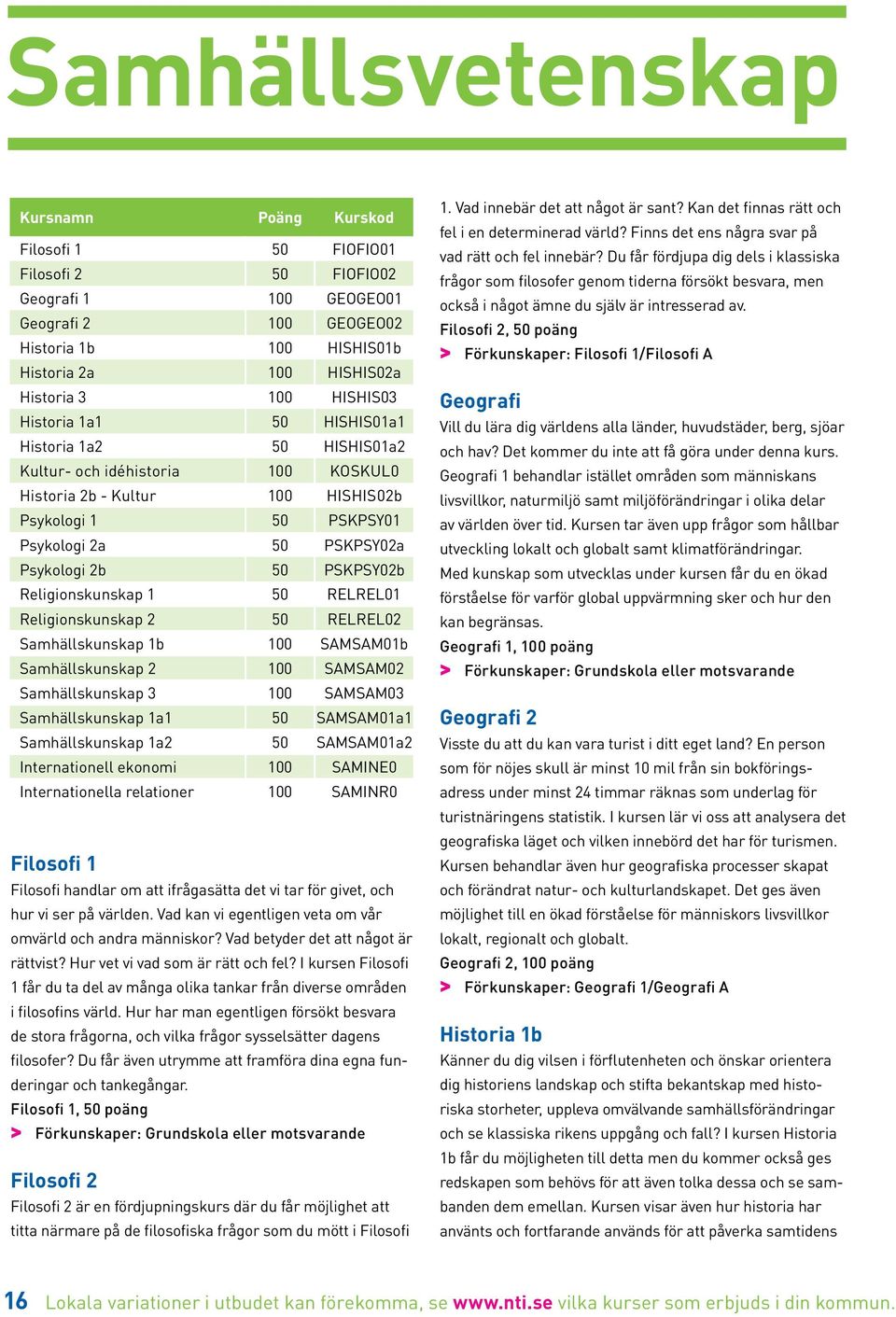 2b 50 PSKPSY02b Religionskunskap 1 50 RELREL01 Religionskunskap 2 50 RELREL02 Samhällskunskap 1b 100 SAMSAM01b Samhällskunskap 2 100 SAMSAM02 Samhällskunskap 3 100 SAMSAM03 Samhällskunskap 1a1 50