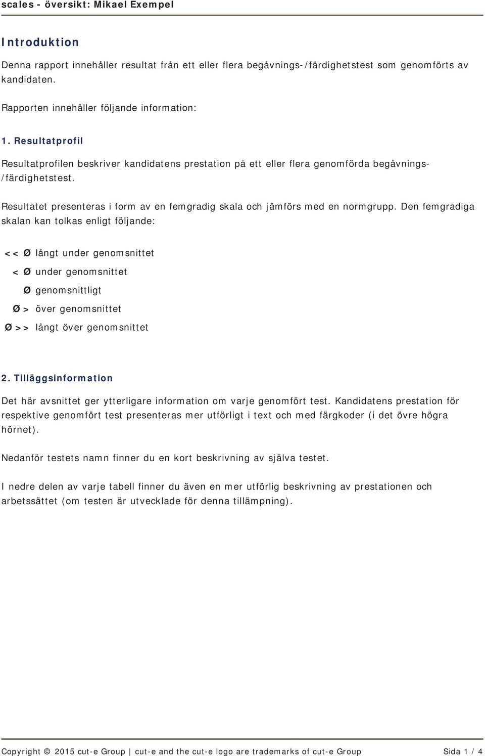 Resultatet presenteras i form av en femgradig skala och jämförs med en normgrupp.