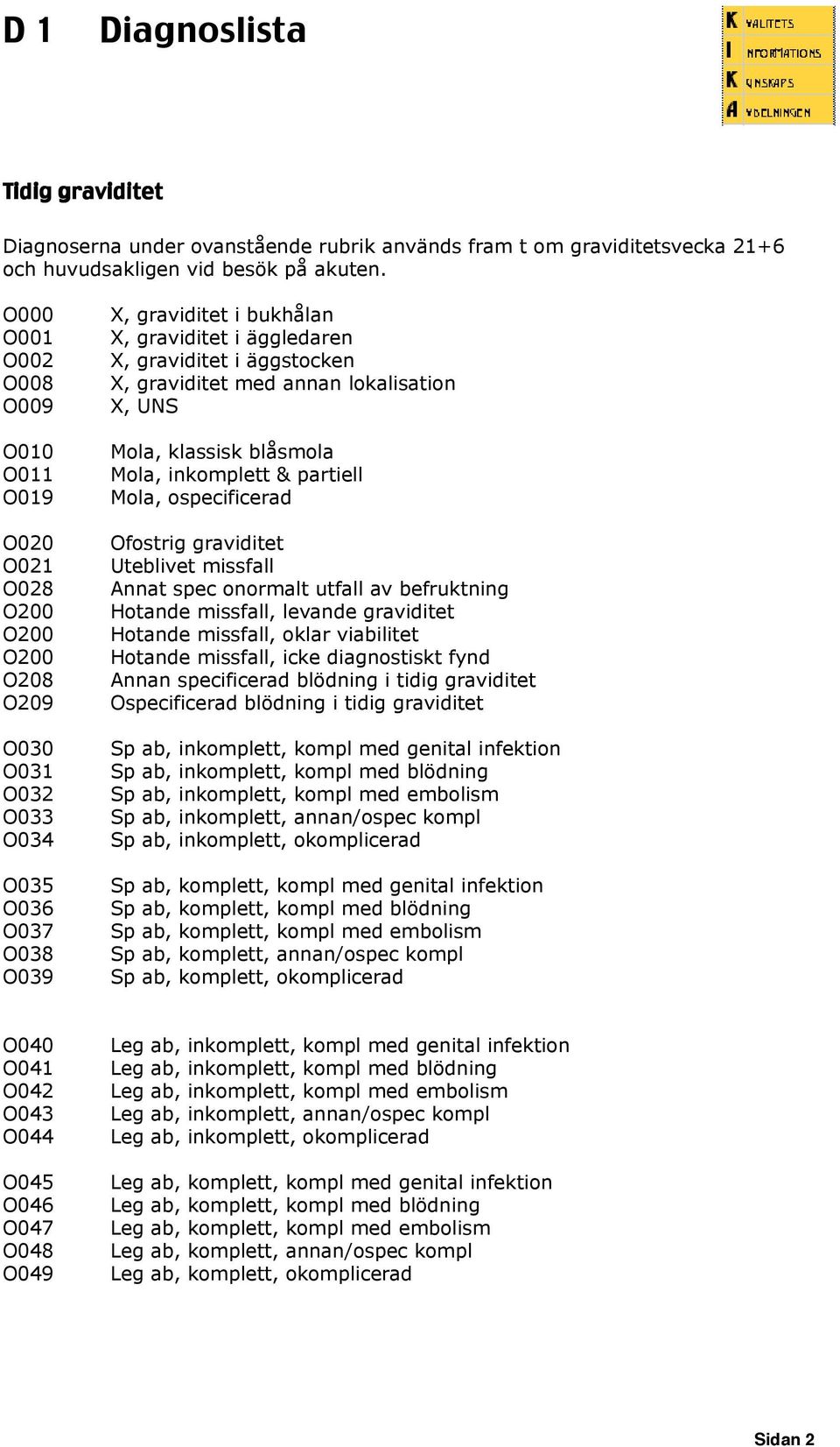 äggstocken X, graviditet med annan lokalisation X, UNS Mola, klassisk blåsmola Mola, inkomplett & partiell Mola, ospecificerad Ofostrig graviditet Uteblivet missfall Annat spec onormalt utfall av