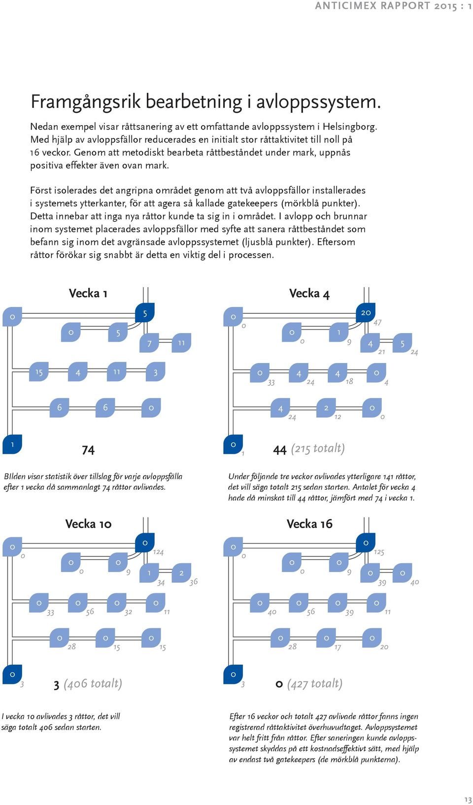 Först isolerades det angripna området genom att två avloppsfällor installerades i systemets ytterkanter, för att agera så kallade gatekeepers (mörkblå punkter).