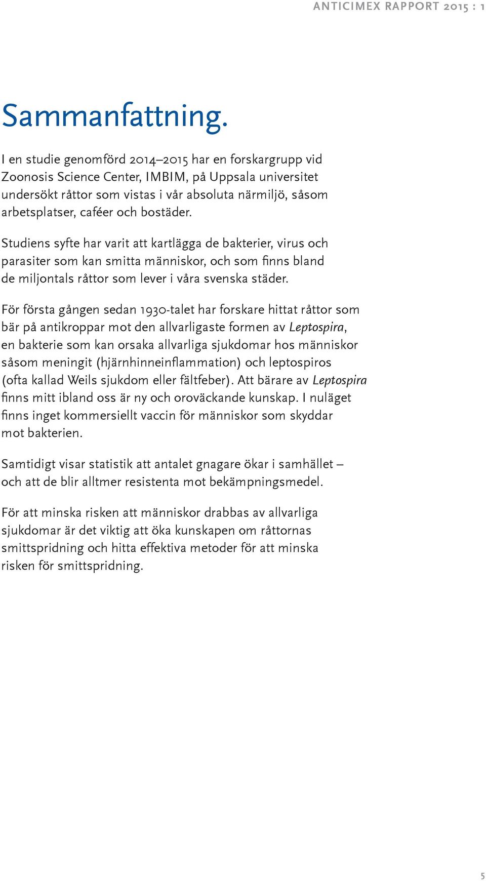 bostäder. Studiens syfte har varit att kartlägga de bakterier, virus och parasiter som kan smitta människor, och som finns bland de miljontals råttor som lever i våra svenska städer.