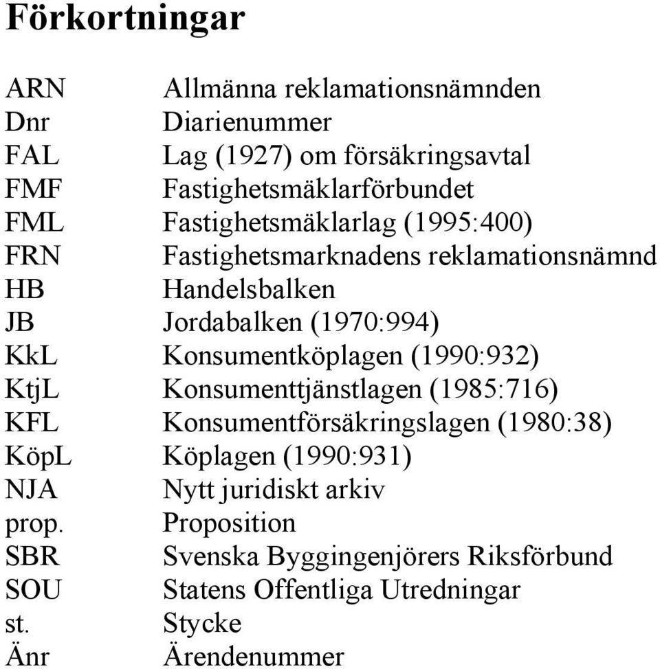 Konsumentköplagen (1990:932) KtjL Konsumenttjänstlagen (1985:716) KFL Konsumentförsäkringslagen (1980:38) KöpL Köplagen (1990:931)