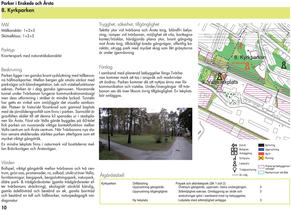 kanter/trösklar, hårdgjorda plana ytor, brant gångväg mot Årsta torg, tillräckligt breda gångvägar, offentlig karaktär, otrygg park med mycket skog som likt gräsytorna är under igenväxning Parken