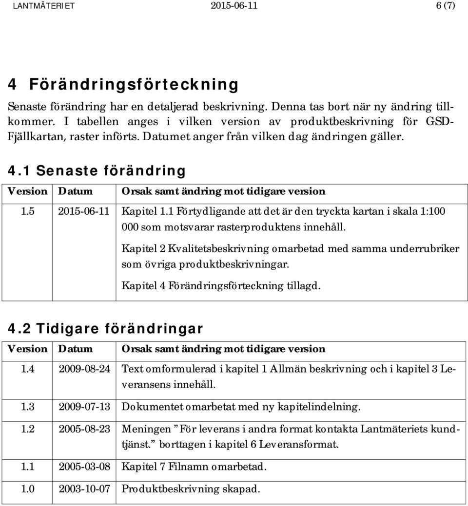 1 Senaste förändring Version Datum Orsak samt ändring mot tidigare version 1.5 2015-06-11 Kapitel 1.