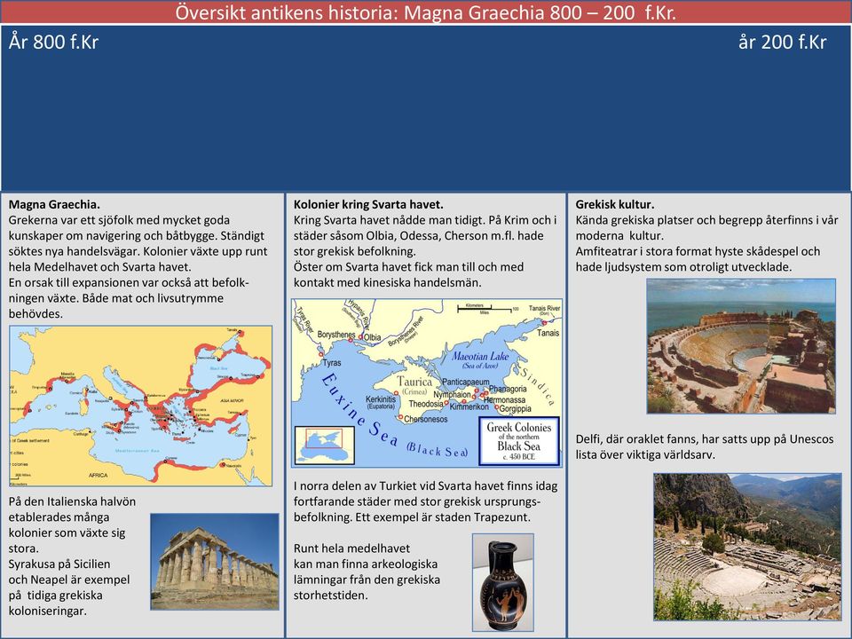 Kolonier kring Svarta havet. Kring Svarta havet nådde man tidigt. På Krim och i städer såsom Olbia, Odessa, Cherson m.fl. hade stor grekisk befolkning.