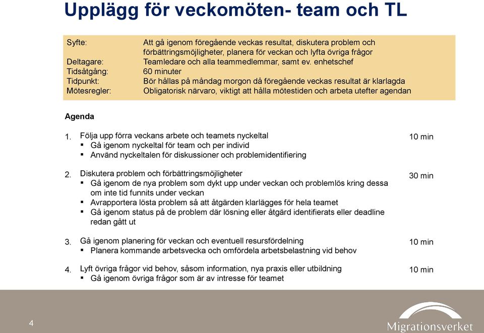 enhetschef 60 minuter Bör hållas på måndag morgon då föregående veckas resultat är klarlagda Obligatorisk närvaro, viktigt att hålla mötestiden och arbeta utefter agendan Agenda Följa upp förra