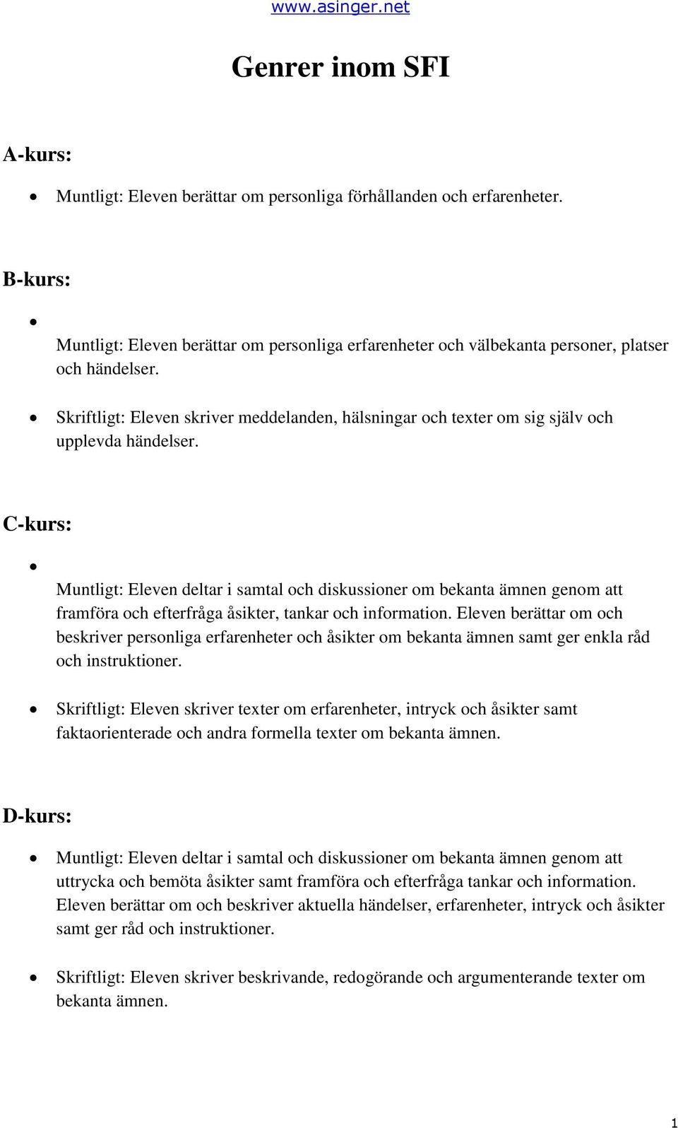 Skriftligt: Eleven skriver meddelanden, hälsningar och texter om sig själv och upplevda händelser.