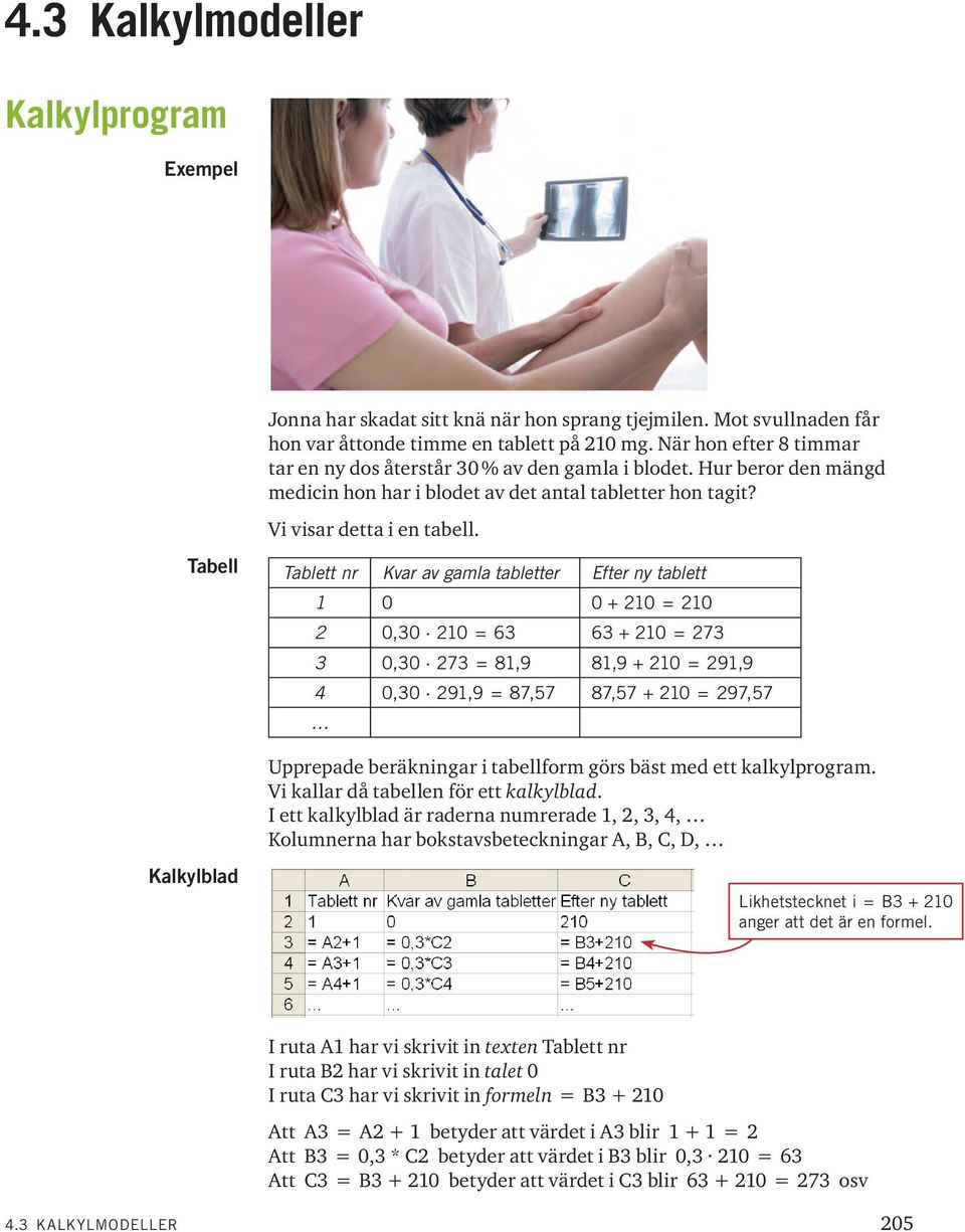 Tabell Tablett nr Kvar av gamla tabletter Efter ny tablett 0 0 + 0 = 0 0,30 0 = 63 63 + 0 = 73 3 0,30 73 = 8,9 8,9 + 0 = 9,9 4 0,30 9,9 = 87,57 87,57 + 0 = 97,57 Upprepade beräkningar i tabellform