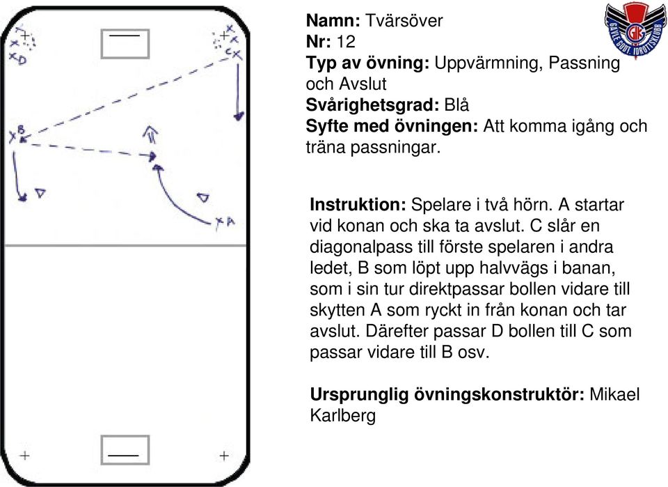 C slår en diagonalpass till förste spelaren i andra ledet, B som löpt upp halvvägs i banan, som i sin tur direktpassar