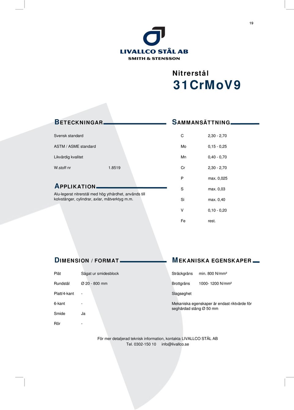 mätverktyg m.m. S max. 0,03 Si max. 0,40 V 0,10-0,20 Sågat ur smidesblock min.