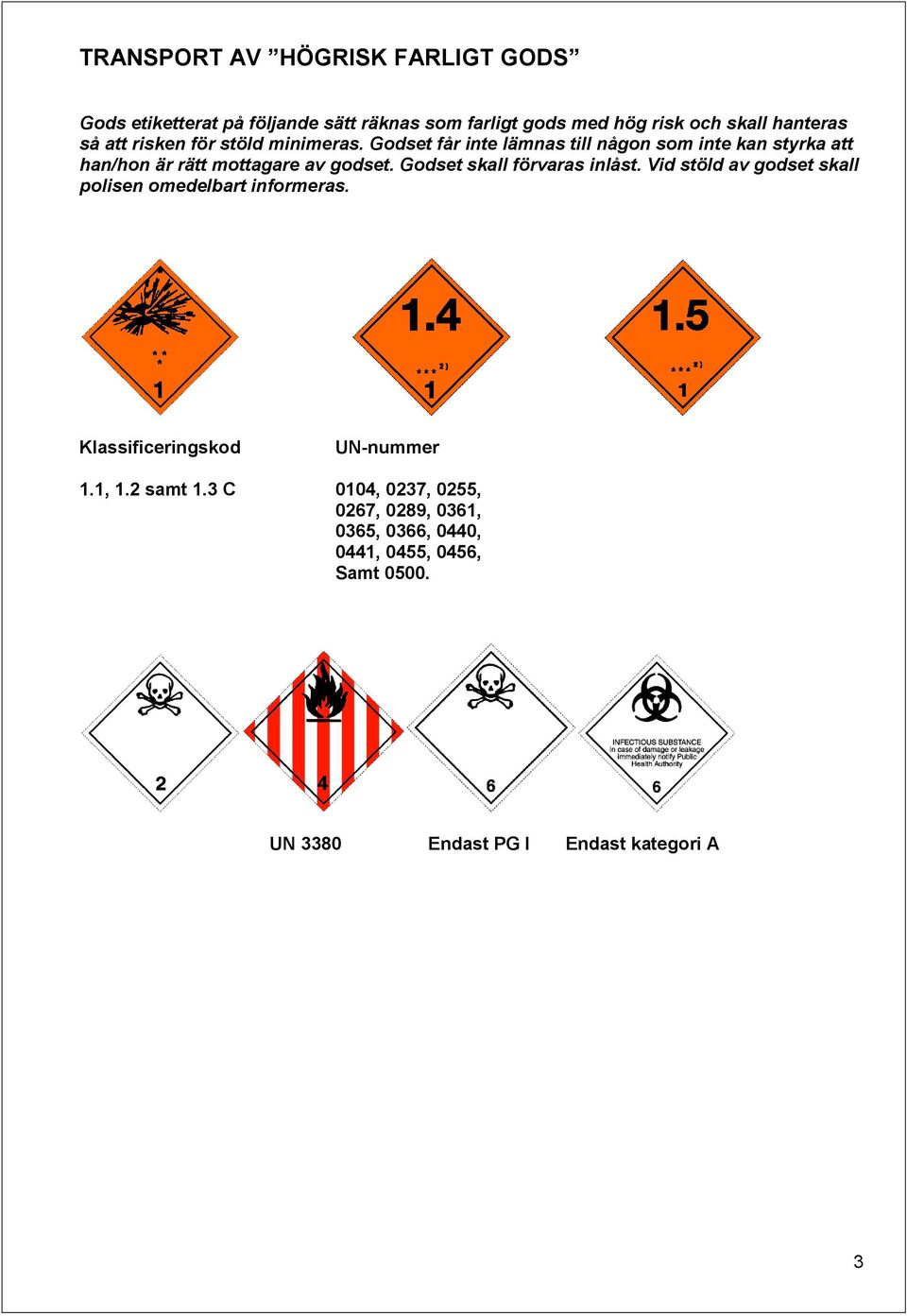 Godset skall förvaras inlåst. Vid stöld av godset skall polisen omedelbart informeras. Klassificeringskod UN-nummer 1.1, 1.