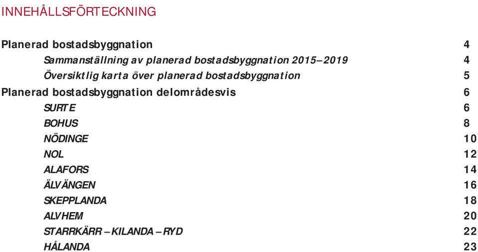 5 Planerad bostadsbyggnation delområdesvis 6 SURTE 6 BOHUS 8 NÖDINGE 10 NOL 12