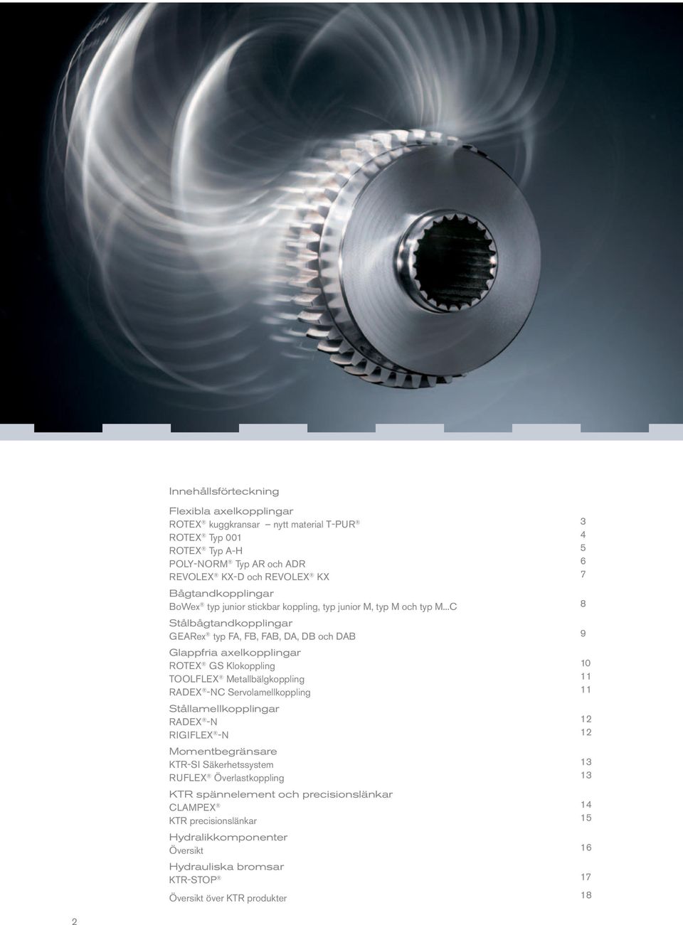 ..C 8 Stålbågtandkopplingar GEARex typ FA, FB, FAB, DA, DB och DAB 9 Glappfria axelkopplingar ROTEX GS Klokoppling 0 TOOLFLEX Metallbälgkoppling RADEX -NC Servolamellkoppling