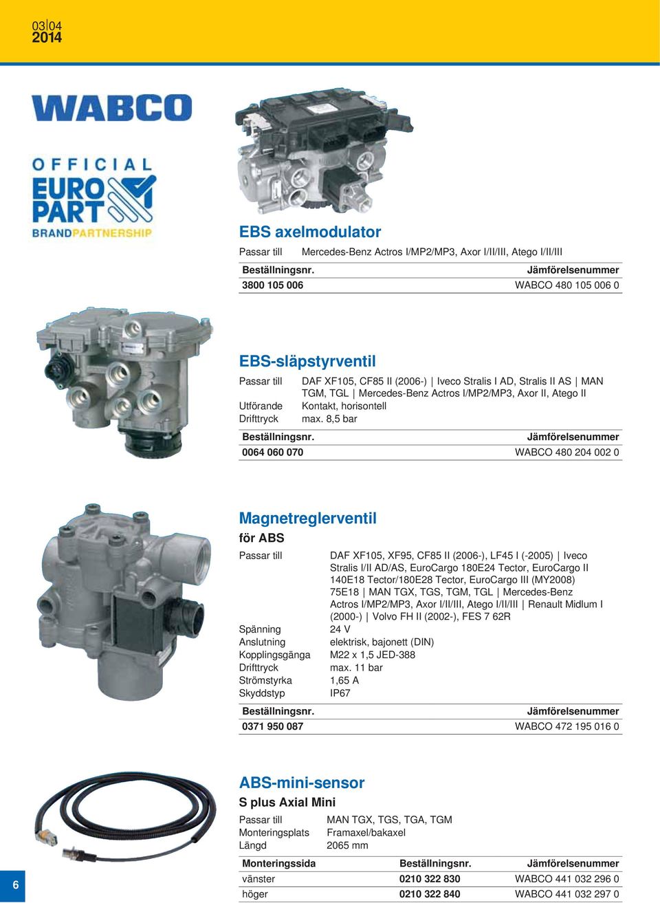 8,5 bar 0064 060 070 WABCO 480 204 002 0 Magnetreglerventil för ABS Passar till Spänning Anslutning Kopplingsgänga Drifttryck Strömstyrka Skyddstyp DAF XF105, XF95, CF85 II (2006-), LF45 I (-2005)