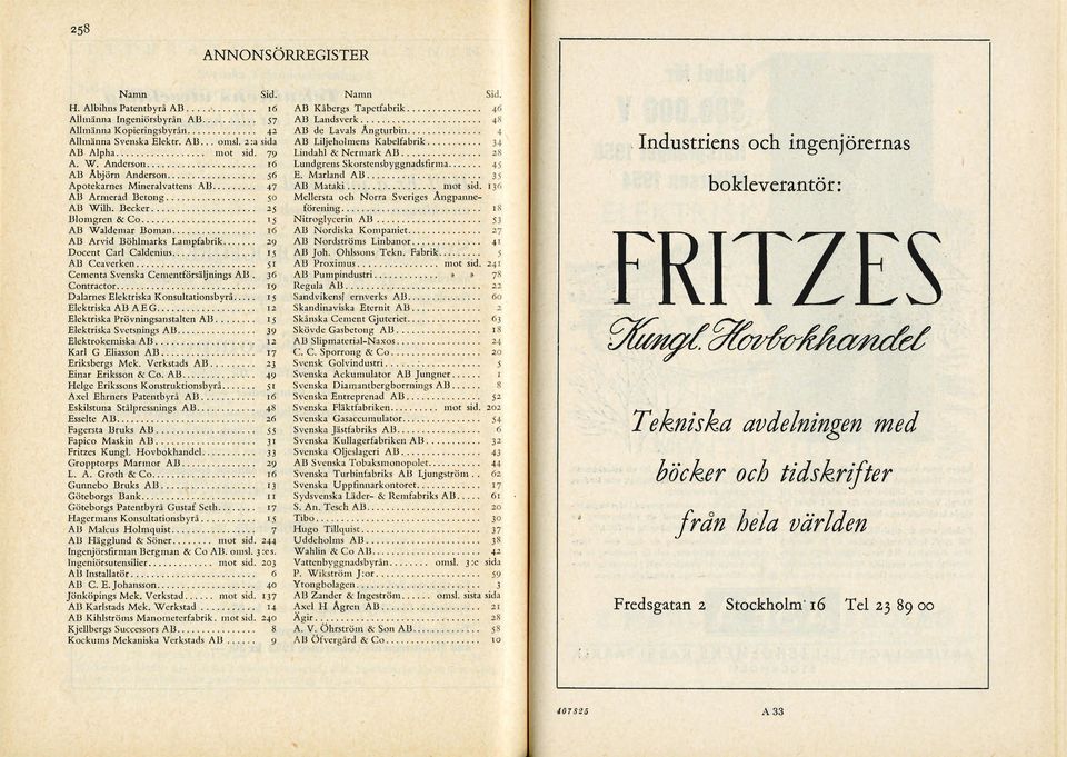 Becker 25 Blomgren & Co 15 AB Waldemar Boman if> AB Arvid Böhlmarks Lampfabrik 29 Docent Carl Caldenius 15 AB Ccavcrkcn 5 1 Ccmenta Svenska Cementförsäljnings AB.