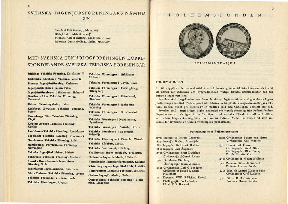 MED SVENSKA TEKNOLOGFÖRENINGEN KORRE SPONDERANDE SVENSKA TEKNISKA FÖRENINGAR P O L H E M S M E D A L J E N Blekinge Tekniska Förening, Karlskrona'^ Elektriska Klubben i Västerås, Västeras Flottans
