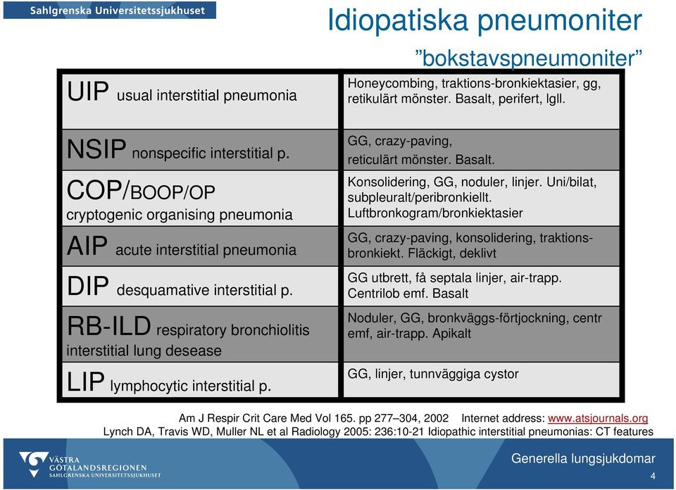 RB-ILD respiratory bronchiolitis interstitial lung desease LIP lymphocytic interstitial p. GG, crazy-paving, reticulärt mönster. Basalt. Konsolidering, GG, noduler, linjer.