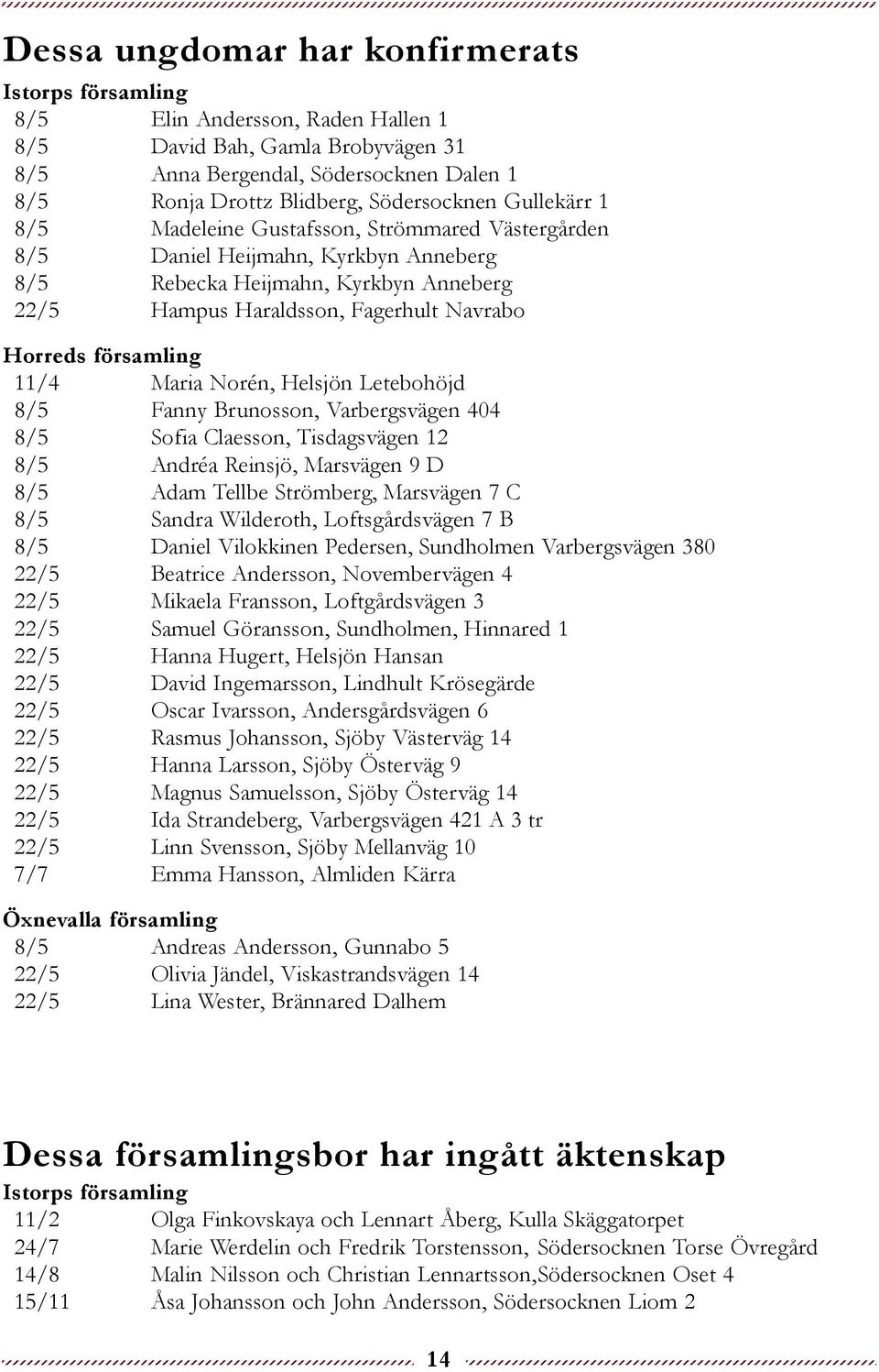 Horreds församling 11/4 Maria Norén, Helsjön Letebohöjd 8/5 Fanny Brunosson, Varbergsvägen 404 8/5 Sofia Claesson, Tisdagsvägen 12 8/5 Andréa Reinsjö, Marsvägen 9 D 8/5 Adam Tellbe Strömberg,