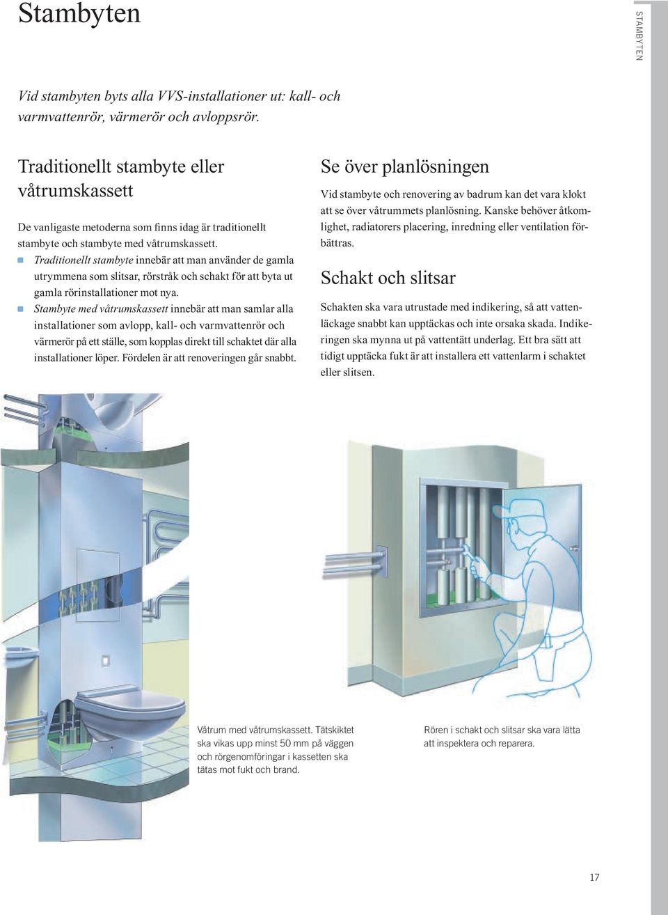 Traditionellt stambyte innebär att man använder de gamla utrymmena som slitsar, rörstråk och schakt för att byta ut gamla rörinstallationer mot nya.