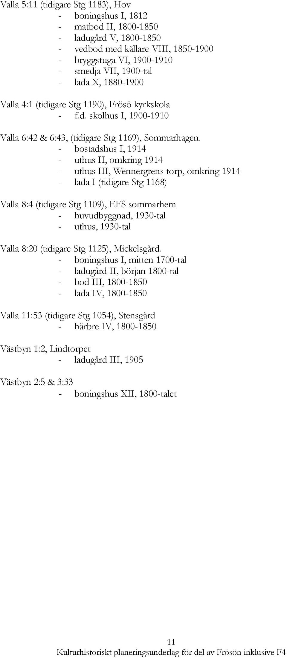 - bostadshus I, 1914 - uthus II, omkring 1914 - uthus III, Wennergrens torp, omkring 1914 - lada I (tidigare Stg 1168) Valla 8:4 (tidigare Stg 1109), EFS sommarhem - huvudbyggnad, 1930-tal - uthus,