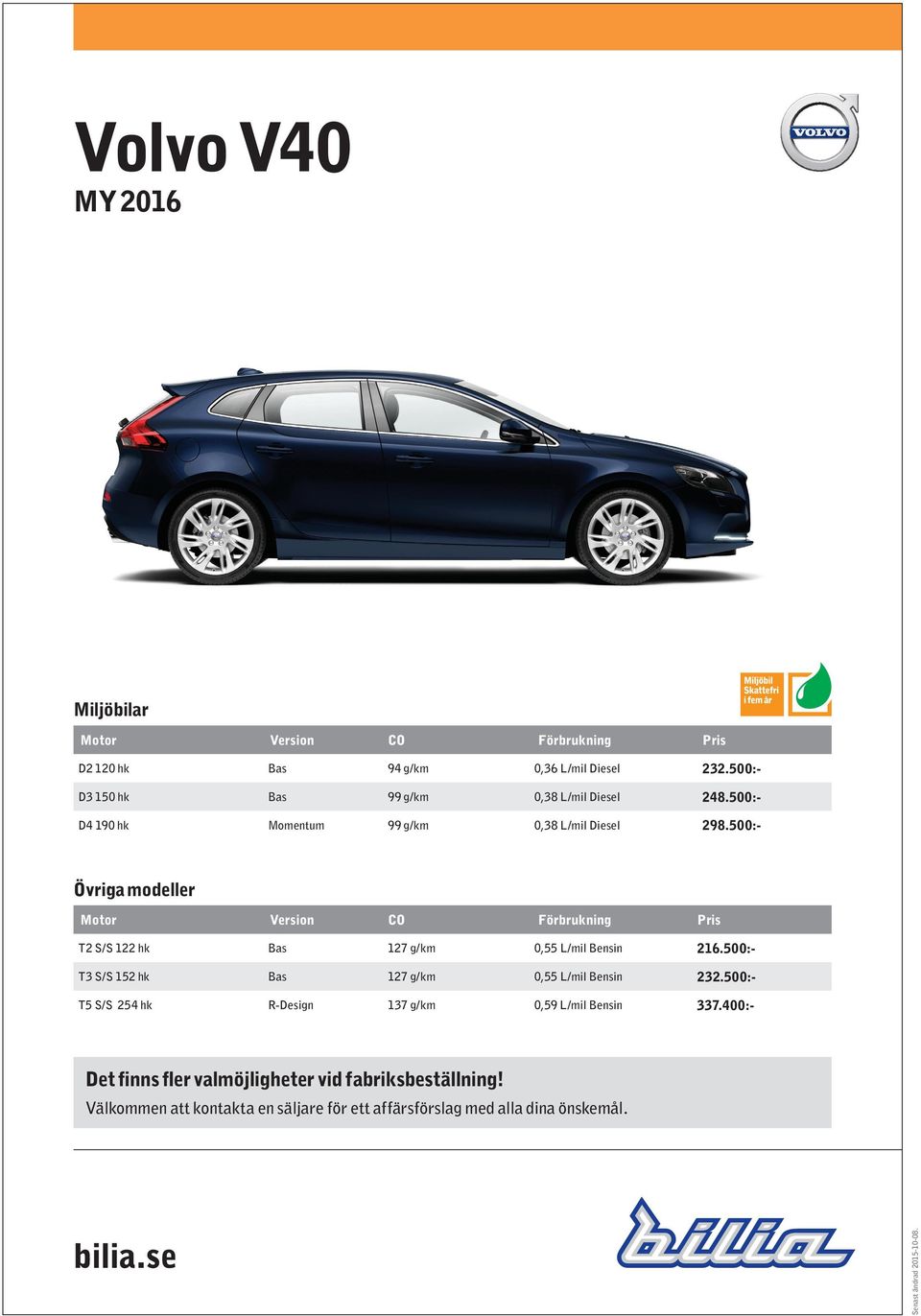 500:- Övriga modeller Motor Version CO Förbrukning Pris T2 S/S 122 hk Bas 127 g/km 0,55 L/mil Bensin 216.