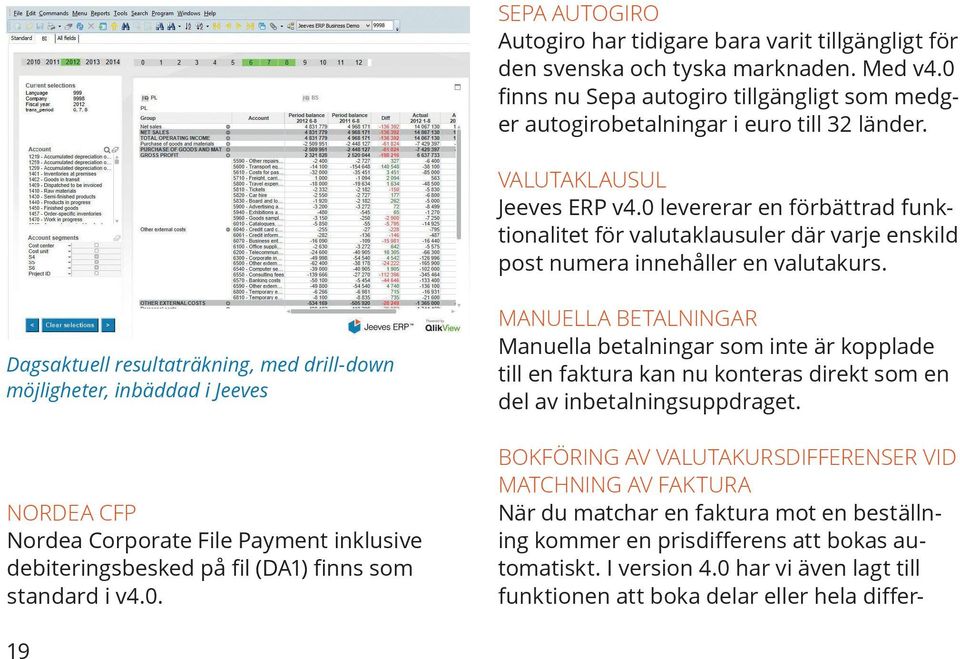 Dagsaktuell resultaträkning, med drill-down möjligheter, inbäddad i Jeeves NORDEA CFP Nordea Corporate File Payment inklusive debiteringsbesked på fil (DA1) finns som standard i v4.0.