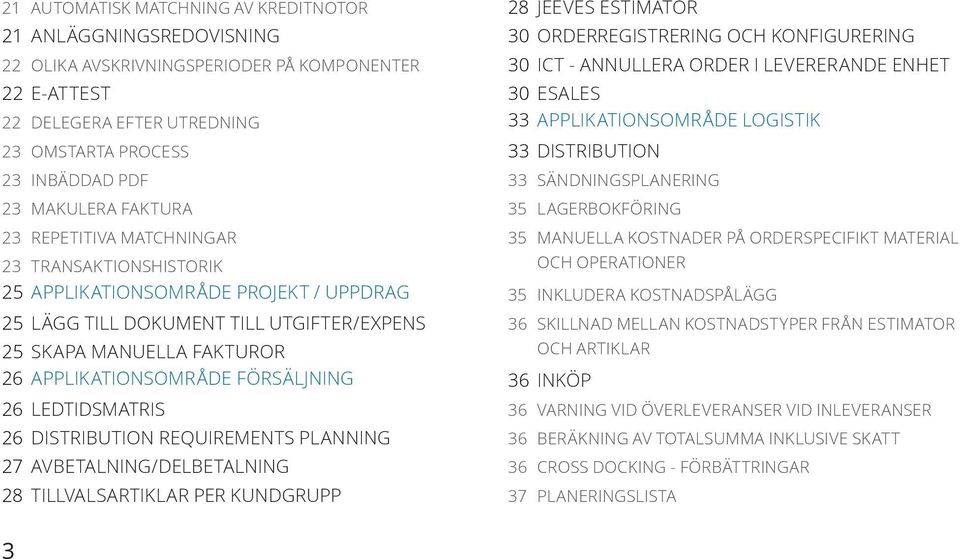 FÖRSÄLJNING 26 LEDTIDSMATRIS 26 DISTRIBUTION REQUIREMENTS PLANNING 27 AVBETALNING/DELBETALNING 28 TILLVALSARTIKLAR PER KUNDGRUPP 28 JEEVES ESTIMATOR 30 ORDERREGISTRERING OCH KONFIGURERING 30 ICT -