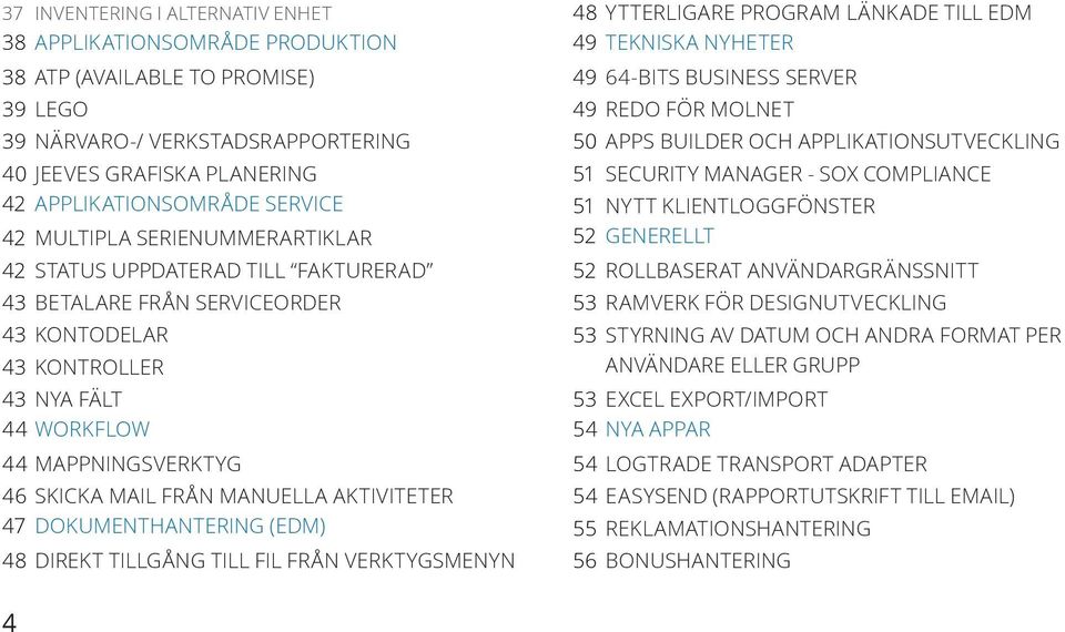 AKTIVITETER 47 DOKUMENTHANTERING (EDM) 48 DIREKT TILLGÅNG TILL FIL FRÅN VERKTYGSMENYN 48 YTTERLIGARE PROGRAM LÄNKADE TILL EDM 49 TEKNISKA NYHETER 49 64-BITS BUSINESS SERVER 49 REDO FÖR MOLNET 50 APPS