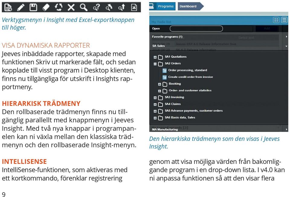 Insights rapportmeny. HIERARKISK TRÄDMENY Den rollbaserade trädmenyn finns nu tillgänglig parallellt med knappmenyn i Jeeves Insight.