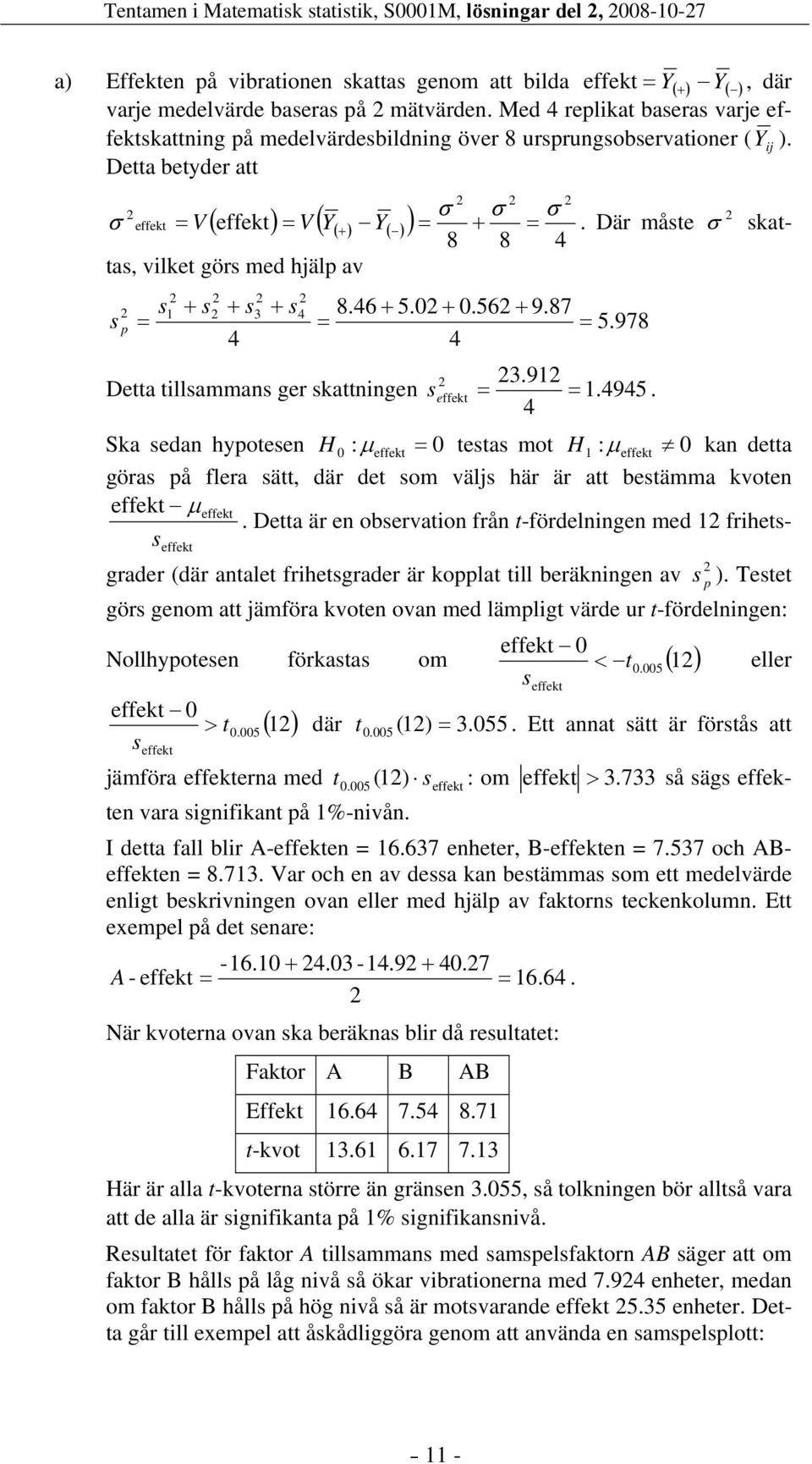 Där måste σ skattas, vilket görs med hjälp 8 8 4 av s p s = + s + s 4 3 + s 4 8.46 + 5.0 + 0.56 + 9.87 = = 5.978 4 3.9 Detta tillsammans ger skattningen s effekt = =. 4945.