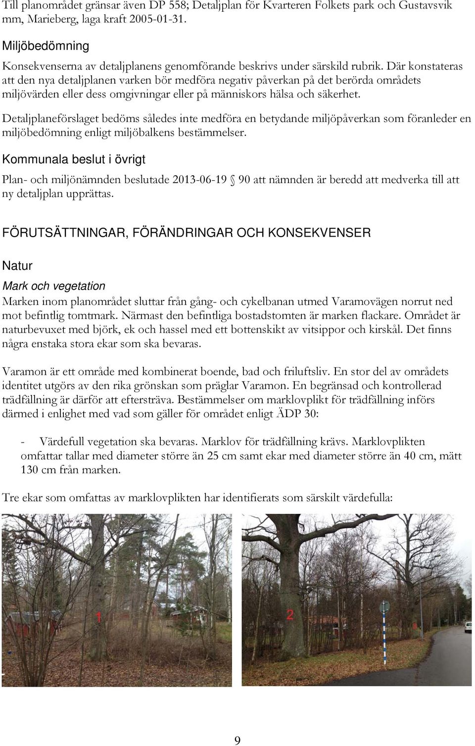 Där konstateras att den nya detaljplanen varken bör medföra negativ påverkan på det berörda områdets miljövärden eller dess omgivningar eller på människors hälsa och säkerhet.