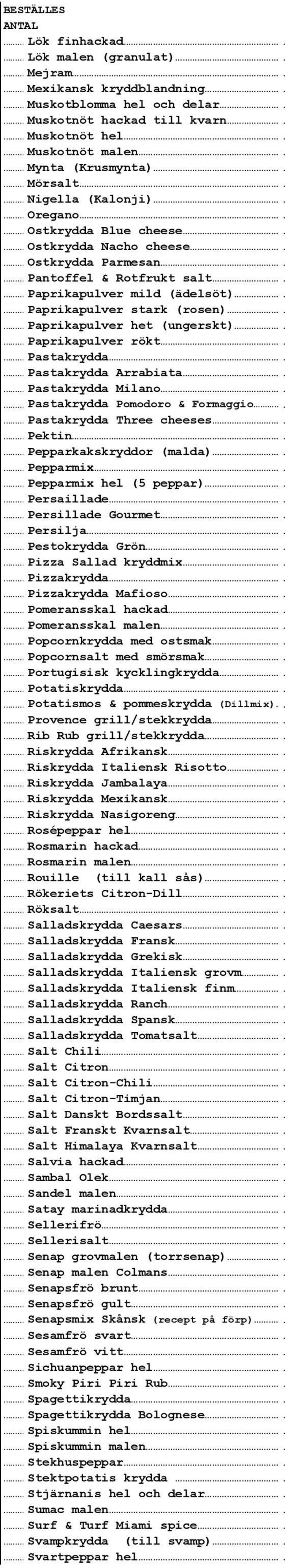 Paprikapulver rökt Pastakrydda Pastakrydda Arrabiata Pastakrydda Milano Pastakrydda Pomodoro & Formaggio Pastakrydda Three cheeses Pektin Pepparkakskryddor (malda) Pepparmix Pepparmix hel (5 peppar)